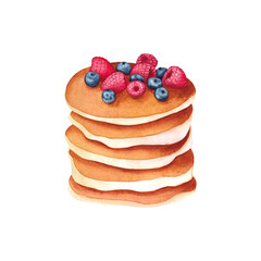 Hand-painted watercolor pancakes with raspberries and blueberries, isolated on a white background.