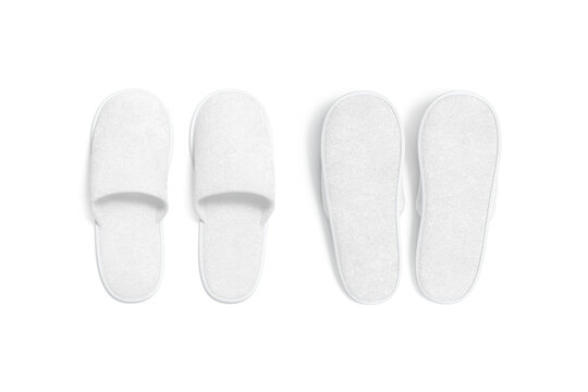 Blank white home slippers mockup, top view, front and back