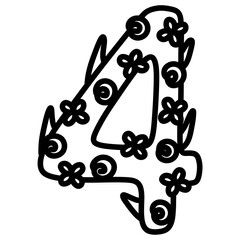 Doodle black number 4 with flowers 