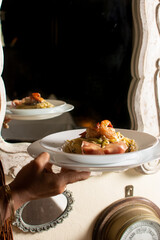 Noodles with seafood. Pasta with shrimp and prawns.