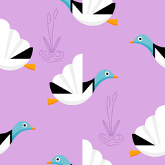 Flying Duck With Pond Grass Reeds Seamless Repeat Pattern Tile