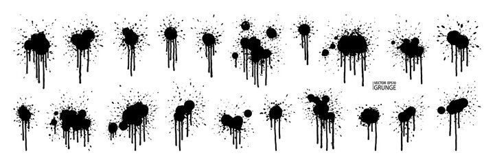 Grunge stains with paint drops. Grunge splatter set. Water flow. Ink splash. Liquid dripping collection. Acrylic. Dirty spot. Grunge splatter set. Paint splashes.