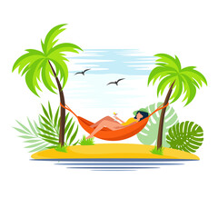 A woman is lying in a hammock. The girl is resting and drinking a martini. Vector illustration