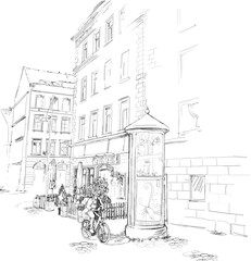 Hand drawing street in old Europe on a white background