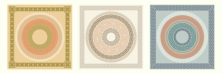 Greek key pattern, square and round frames collection. Decorative ancient meander, greece border ornamental set with repeated geometric motif. Vector EPS10.