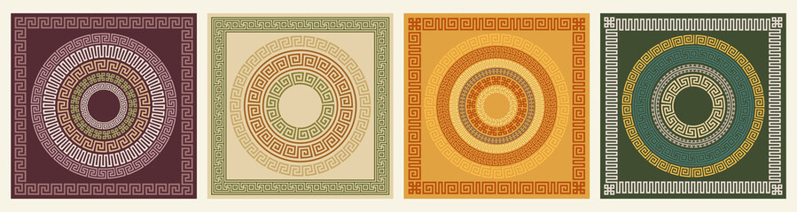 Greek key pattern, square and round frames collection. Decorative ancient meander, greece border ornamental set with repeated geometric motif. Vector EPS10. - obrazy, fototapety, plakaty
