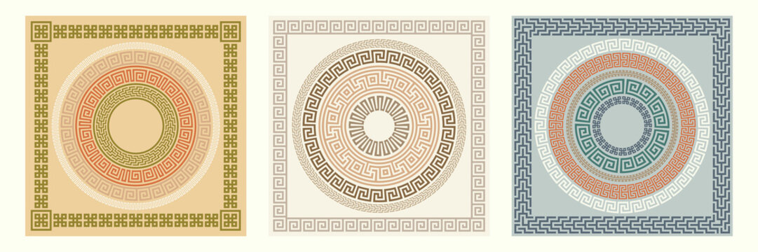 Greek key pattern, square and round frames collection. Decorative ancient meander, greece border ornamental set with repeated geometric motif. Vector EPS10.