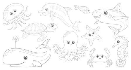 Outlined cartoon sea animals set for drawing. Coloring page of funny crab, fish, jellyfish, turtle, starfish, seahorse, dolphin, octopus and shark. Vector flat illustration isolated on white.