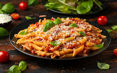 JackFruit pasta with garlic, olives, capers, tomato and cheese. Healthy vegan, diet food