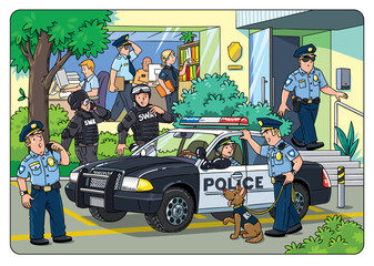 Police station, car and officers. Vector cartoon