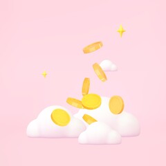 3d coins flying in clouds on pink background. Financial success and growth concept. Vector rector cartoon illustration