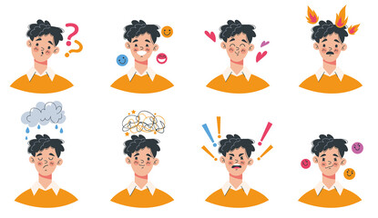 People boy man with different emotions flat cartoon graphic design illustration set - obrazy, fototapety, plakaty