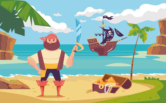 Pirate captain sailor on island with ship composition. Vector cartoon design element illustration