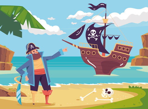 Pirate captain sailor on island with ship composition. Vector cartoon design element illustration