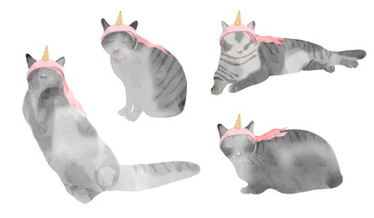 Magic unicorn cats clipart - kittycorn, rainbow, horn, tail set, unicorn silhouette, isolated 