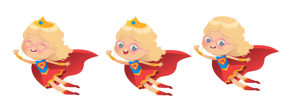 Flying Blond Girl wearing colorful costumes of superheroe, isolated on white background. Cartoon vector characters of Kid Superheroes, for party, invitations, web, mascot