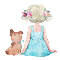 Watercolour illustration of the cute blond girl sitting with little puppy. Dog and child. Best friends illustration. Back view