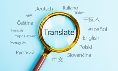 Translate text, International language translation search concept with magnifying glass. Concept of...