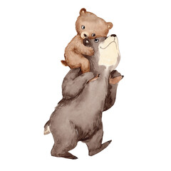 Watercolor illustration with brown father bear and little baby cub. Greeting card for Dad with cute animal. Fathers Day Card illustration. Isolated