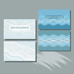 invitation cards in blue color with waves in linear geometric ornament