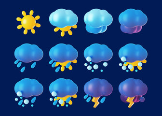 Collection set of weather 3d icons on the dark blue background. 3D rendering illustration.