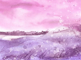 Fototapeten Lila Watercolor field, meadow, countryside card, postcard, invitation. Watercolor illustration of a summer landscape with clouds and grass field meadow. Painted landscape background. Watercolor logo   © helgafo