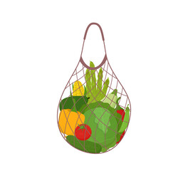 Net bag with fresh vegetables. Eco shopping net bag with organic food. Vector illustration isolated on white background.