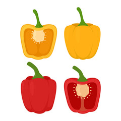 Sweet red and yellow peppers. Halves bell peppers. Vector illustration of fresh vegetables.
