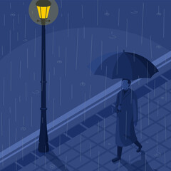 man with umbrella standing under heavy rain at night vector illustration