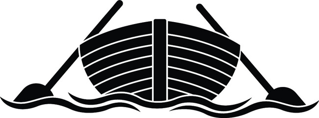 Black and White Cartoon Illustration Vector of a Wooden Row Boat with Oars on the Water © Matt
