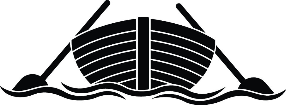 Black and White Cartoon Illustration Vector of a Wooden Row Boat with Oars on the Water