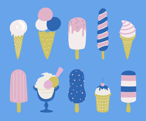 Set of vector ice-creams illustrations. Collection of multicolor stylish ice cream icons.