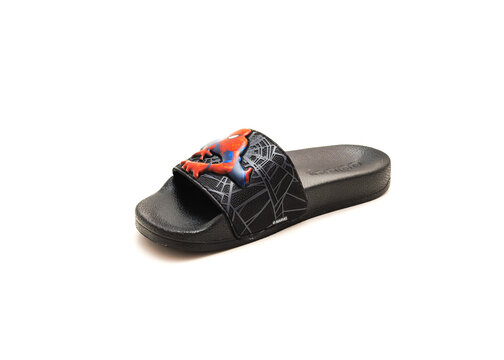 Single adilette shower slides sandal style with an open toe and print design of Spiderman from Adidas isolated on white background