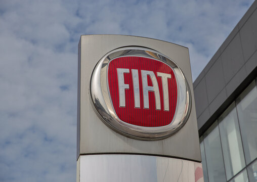 Fiat car dealerships store company logo closeup in Kyiv, Ukraine.