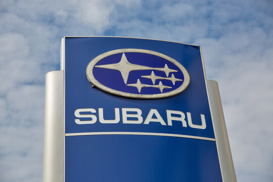 Subaru dealership office logo closeup in Kyiv, Ukraine.
