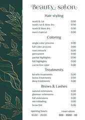 Vector Illustration sticker business card for beauty salon with pricelist and special offer opening hours and phone number for reservation decorated with botanical art texture. A4 printable template