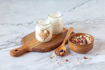 Milk joghurt with bowl of muesli, breakfast idea