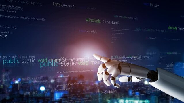 Futuristic robot artificial intelligence revolutionary AI technology development and machine learning concept. Global robotic bionic science research for future of human life. 3D rendering graphic.