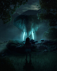 The glowing elephant in the fantasy mystical forest little girl
