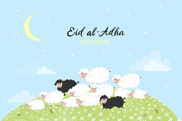 Eid Mubarak celebration of Muslim community festival Eid Al Adha Greeting card with sacrificial a ram,white and black sheep,crescent moon cloud on blue sky background.Vector Muslim holiday Eid Ul Adha