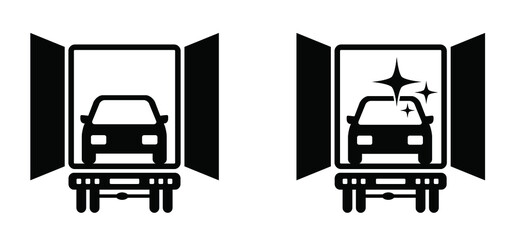 Cartoon new car in a truck icon or pictogram. Concept buying or renting a new or used auto. Vector car as a gift, deal. Cars delivery logo or symbol. Sale concept. Proud new car owner