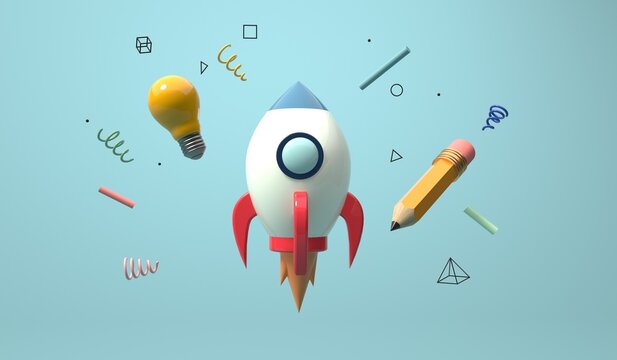 Education and school theme with a rocket and a lightbulb - 3D render