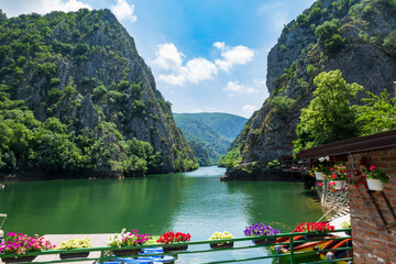 Matka Canyon in Skopje, North Macedonia. Landscape of Matka Canyon and lake, a popular tourist destination in Macedonia - obrazy, fototapety, plakaty