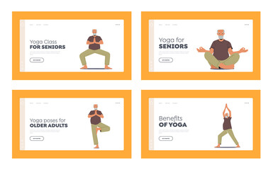 Yoga for Seniors Landing Page Template Set. Elderly Male Character Practice Asana and Meditation, Relaxation, Balance