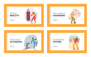 Characters in VR Goggles Having Fun in Virtual Reality. Landing Page Template Set. Men and Women Shoot Gun, Fight