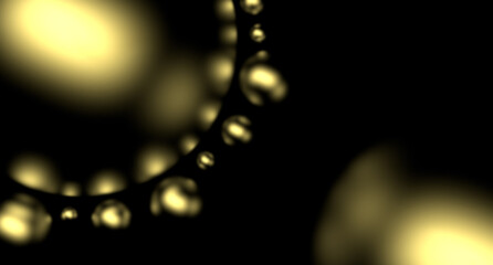 Round golden balls with defocused blur. Golden round spheres metallic balloons on a black blur background. 3D render.