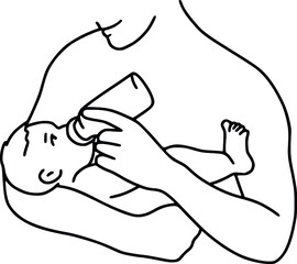 Mom and child. Line art illustration of a mother feeding her baby from a bottle. Artificial feeding vector illustration. 