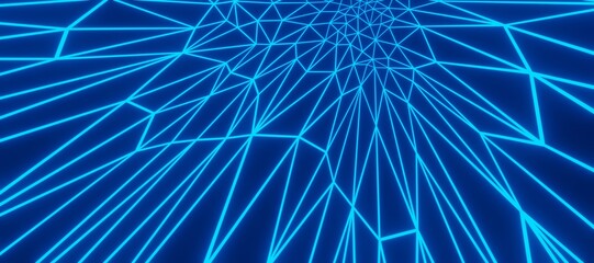 Abstract technology background virtual reality network concept, blue neon grid 3d render