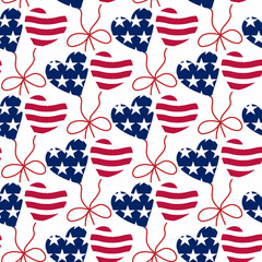 The 4th of July Seamless Pattern, Hearts Balloons, USA Independence day, Labor Day, Red and Blue, Stars and Stripes, National flag, Freedom colors, Hand drawn vector illustration