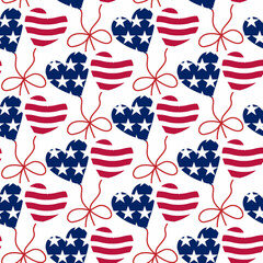 Fototapeta premium The 4th of July Seamless Pattern, Hearts Balloons, USA Independence day, Labor Day, Red and Blue, Stars and Stripes, National flag, Freedom colors, Hand drawn vector illustration